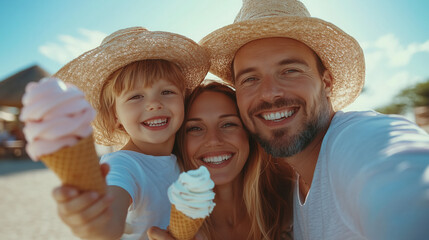 a mom and dad taking a selfie with their kids while holding ice cream cones on holiday