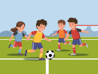 Kids playing soccer. A group of children playing soccer outdoors. Team sport