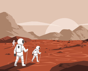 Astronauts Exploring Red Planet Landscape with Mountains and Sunrise