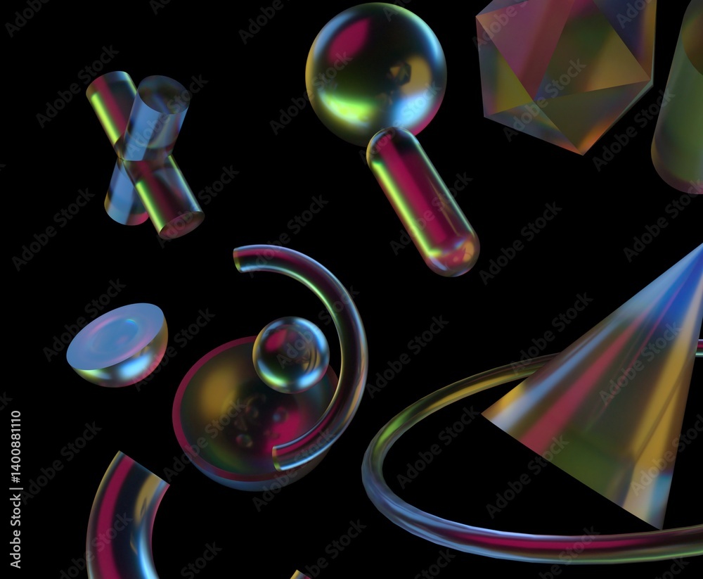 Aufkleber 3D illustration with colorful, translucent geometric shapes like spheres, cylinders, and polyhedrons on a black background, creating a futuristic and glossy visual effect.
