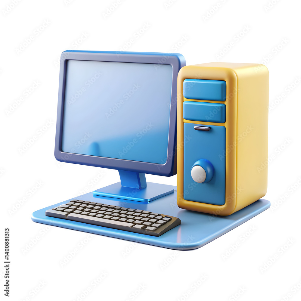 Wall mural desktop computer 3d rendering isolated on transparent background. cartoon plastic style icon