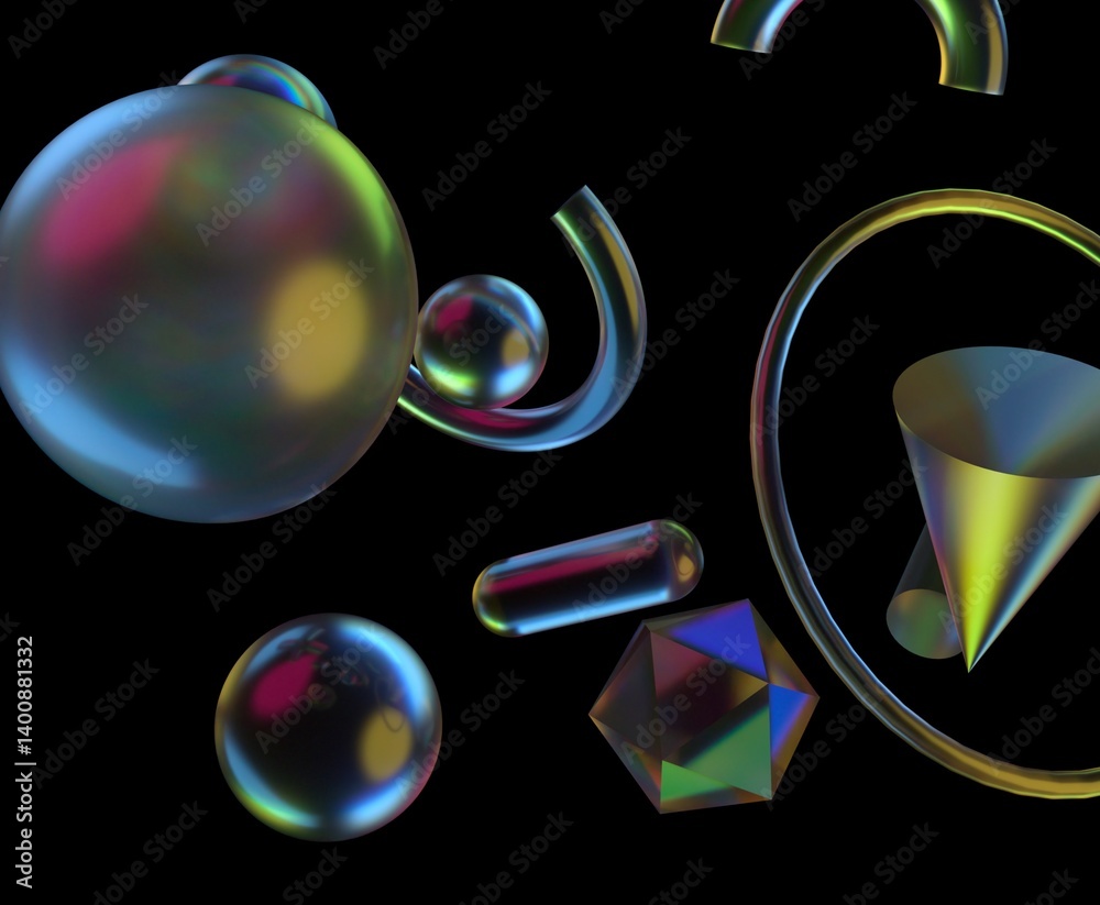 Aufkleber 3D illustration with colorful, translucent geometric shapes like spheres, cylinders, and polyhedrons on a black background, creating a futuristic and glossy visual effect.