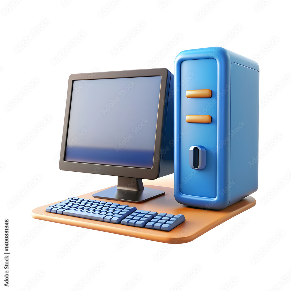 Wall mural desktop computer 3d rendering isolated on transparent background. cartoon plastic style icon