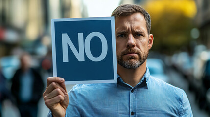 Man holding no sign protest rejection denial refusal disagree opposition negative disapproval expression 100c