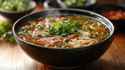Delicious beef ramen noodle soup with fresh parsley garnish close-up view