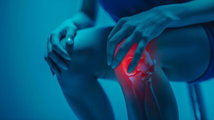 Fototapeta premium Individual Suffering from Knee Pain Against Clinical Blue Background