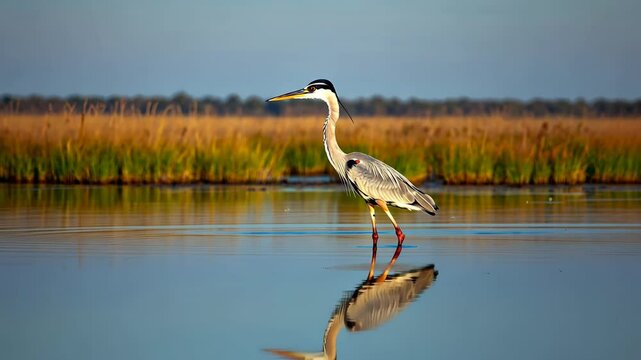 Elegant heron stands poised in shallow waters reflecting its image in the calm water, marsh grasses in the background under morning light.