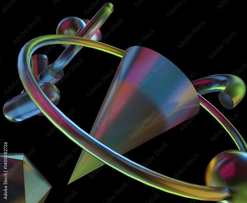 Aufkleber 3d illustration with colorful, translucent geometric shapes like spheres, cylinders, and polyhedrons
