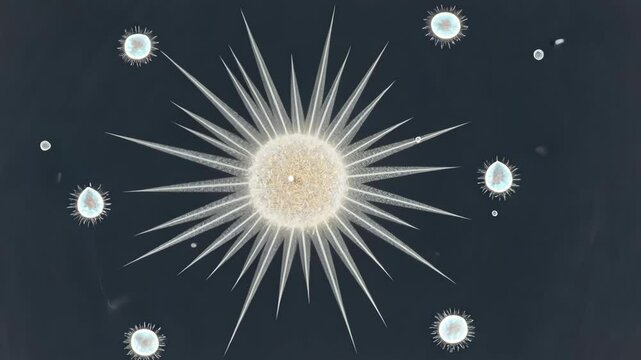 Planktonic Radiolarien species featuring a larger central form with radial spikes and smaller spherical cells in dark marine environment