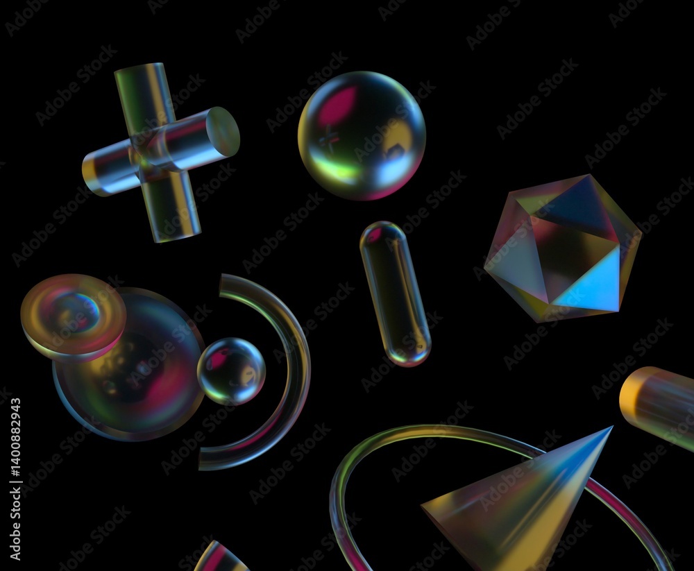 Aufkleber 3d illustration with colorful, translucent geometric shapes like spheres, cylinders, and polyhedrons