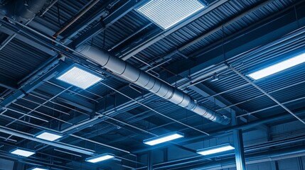 Obraz premium Industrial ceiling with pipes ducts and lights in a blue toned environment.