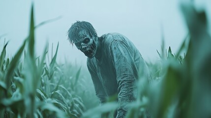 Post apocalyptic scene featuring a terrifying zombie emerging from a cornfield, enveloped in a dense fog, creating a chilling atmosphere of horror and survival