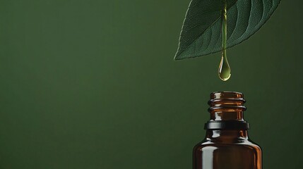 Organic plant extract dripping into amber bottle – natural essential oil concept