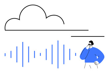 Cloud above blue sound waves paired with pensive figure. Ideal for technology, communication, data storage, creativity, cloud services, innovation, connectivity. Flat simple metaphor