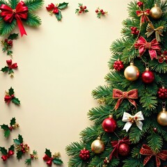 Vibrant Christmas tree decorated with ribbons and bows, surrounded by holly and mistletoe, Christmas tree, mistletoe