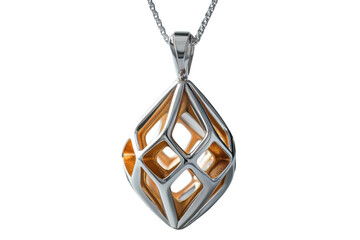 Elegant geometric silver pendant necklace with gold accents detailed on transparent background