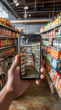 A shopper uses a smartphone in a grocery store