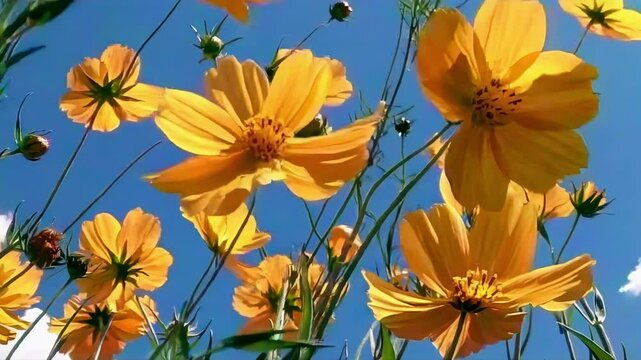 Low-angle video shot of vibrant yellow flowers against a clear blue sky, capturing a serene and uplifting natural scene. Live desktop wallpaper.