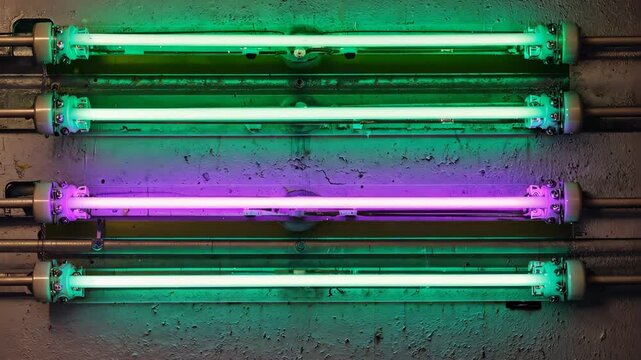 Close-up of parallel fluorescent tubes emitting green, turquoise, and purple light illuminating a cracked concrete wall