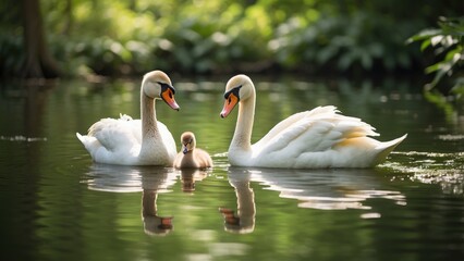 Obraz premium A serene scene of a white swan swimming on a calm body of water with two fluffy cygnets