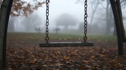Empty Swing Hanging in Foggy Park with Fallen Autumn Leaves