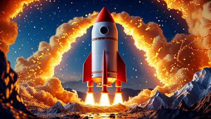Vibrant rocket themed startup concept with golden glow