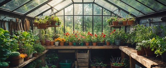 Fototapeta premium Botanical haven: An abundance of potted plants flourish within an old greenhouse