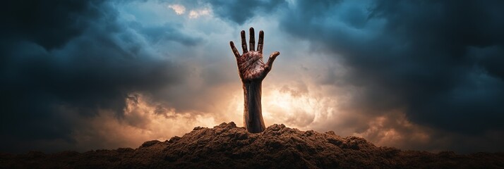 Gory, blood covered zombie hand rising from grave in dirt mound against dramatic stormy sunset sky conveys themes of horror, death, and the supernatural