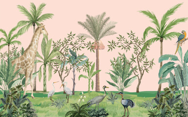 Kids Safari, Jung Wall Mural, Animals, Tropical Tree, Watercolor Background.