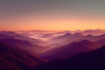 Fototapeta premium Majestic Mountain Vista: The sun dips low, casting a warm embrace upon layered mountain ridges, enveloped in a soft, ethereal haze.