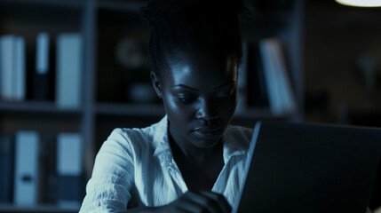 Determined young African woman working overtime, glowing laptop screen in dark modern office