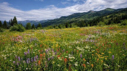 Fototapeta premium A vibrant meadow of wildflowers in a serene mountain landscape.