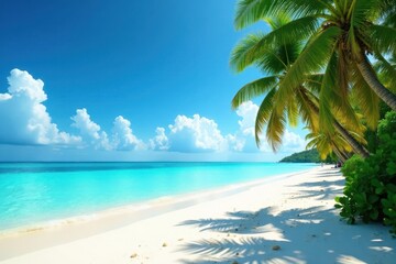 White sand beach; clear turquoise water, lush palms , clouds, ocean