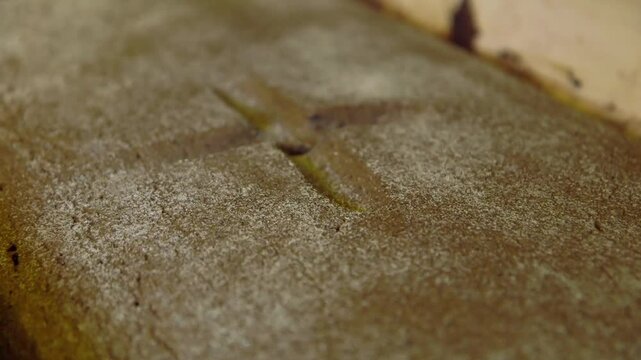 Close-Up of Wooden Bread Trough with a Dough of Loaf of Bread Before Baking. Bread Trough, Dough Trough, Kneading Trough or Artesa, is a Rectangular Receptacle with a Shallow Basin for Bread Making
