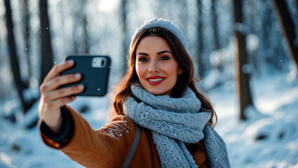 Woman taking a selfie in snowy forest