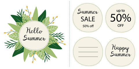Set of round summer labels with handwritten text and botanical decorations. Includes sale announcement, greeting messages, and blank label. Perfect for seasonal design, branding, and packaging.