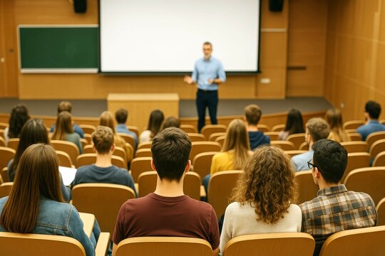 Students attentively listening to a lecturer in a modern university lecture theater, fostering an engaging learning environment  back to school learning at conference training seminar meeting
