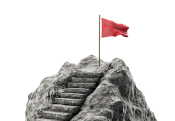 Climbing to victory flag on mountain conceptual summit isolated on transparent background, png