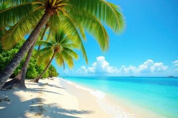 Palm trees sway gently in the ocean breeze with turquoise water and warm sandy shore , trees, grey