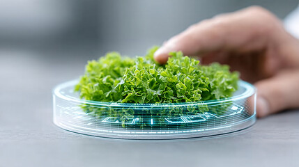 futuristic AI powered nutrition assistant analyzes fresh greens in transparent dish, showcasing innovation in food technology and healthy eating