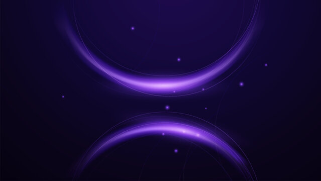Purple neon glowing lines circel on violet dark background. Futuristic digital neon motion lines technology background. Landing page