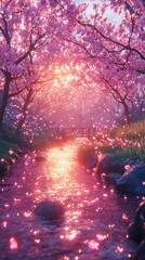 Fototapeta premium Enchanted Cherry Blossom Stream at Sunset with a Romantic Atmosphere