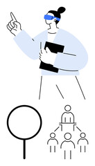 Person wearing VR headset gestures upward holding a notebook, next to a magnifying glass and organizational hierarchy diagram. Ideal for technology, leadership, education, exploration, innovation