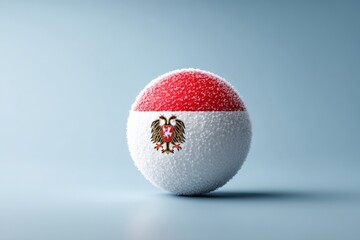 Sphere with Indonesian flag design and eagle emblem resting on a smooth surface