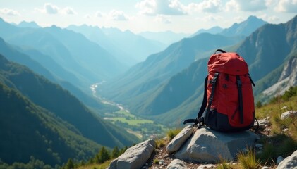 Lone backpack rests on a rocky summit overlooking valley, steep, high altitude, panorama