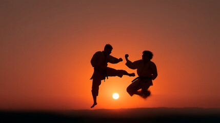 Fototapeta premium Silhouette martial arts karate training sunset background fighting and practicing skills technique