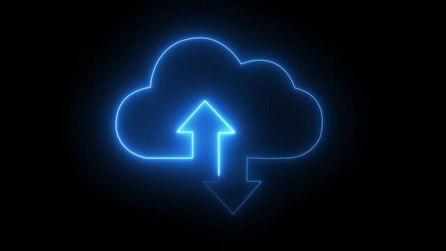 Neon glowing digital cloud icon, data transfer animation. cloud storage with arrows icon animation on the black, background. Cloud space and technology, data backup, file repository, upload database.