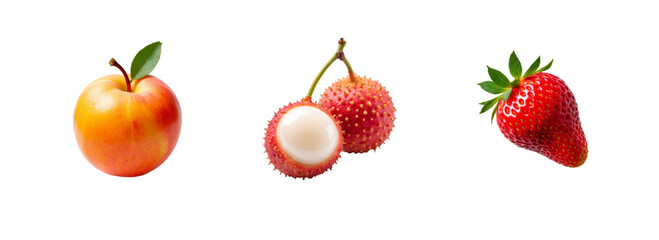 Set with nectarine, lychee, strawberry, fresh ripe fruits collection isolated on transparent background