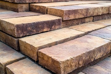 A close up view of stacked rectangular paving stones with a rough textured surface pattern design