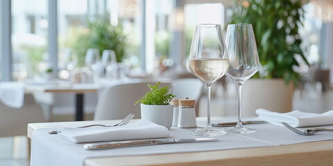 Elegant dining table setup with wine glasses and decor  